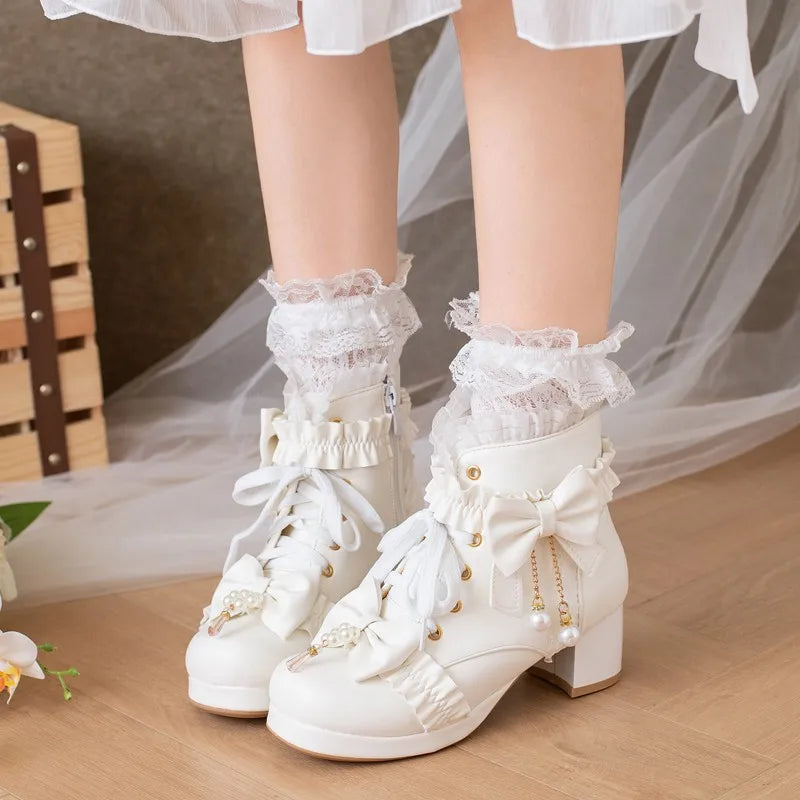 LBSFY  - Pink White Black Chunky Heel Lolita Shoes Butterfly-knot Pearls Lace Up Womens Cosplay Princess Cute Sweet Winter Ankle Boots 42