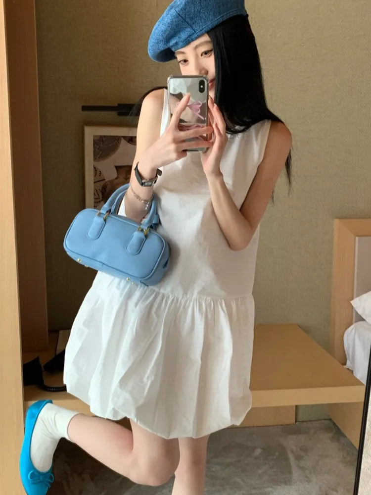 LBSFY -Summer Elegant Korean Solid Short Women's Dress Sweet Sleeveless O-Neck Loose-Fit Casual Office Lady Ball Gown Mini Skirt 2025