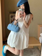 LBSFY -Summer Elegant Korean Solid Short Women's Dress Sweet Sleeveless O-Neck Loose-Fit Casual Office Lady Ball Gown Mini Skirt 2025