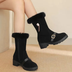 LBSFY  -  2024 New Round Headed Artificial Suede Short Plush Boots  Metal Buckles Decorative Side Zippers Winter Women's Ankle Boots 35-43