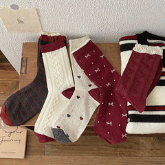 Lbsfy Women's Red Middle Tube Socks Cotton Striped Harajuku Kawaii Casual Socks Fashion Breathable Bowknot Gray Female Socks