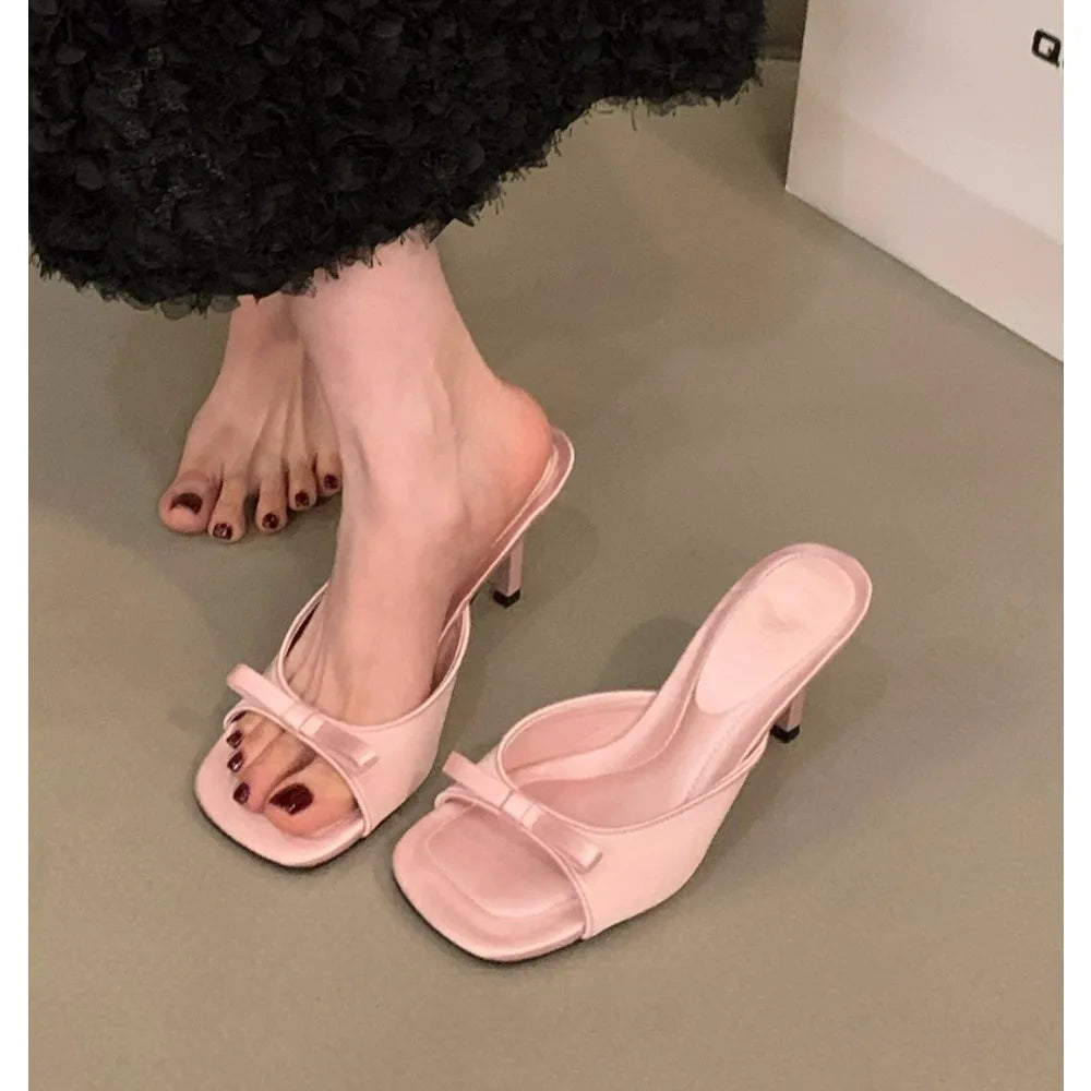 LBSFY -New Women's Slipper Mules Low High Heels Shoes Summer Best Street Look Females Square Head Open Toe Bow Strappy Sandals
