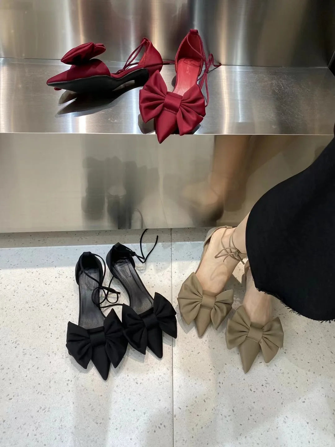 LBSFY  - Pointed Toe Women Sandals Summer Dress Shoes Thin Mid Heels Ankle Strap Bow Design Black Red Beige Bow Design Cute Sandals