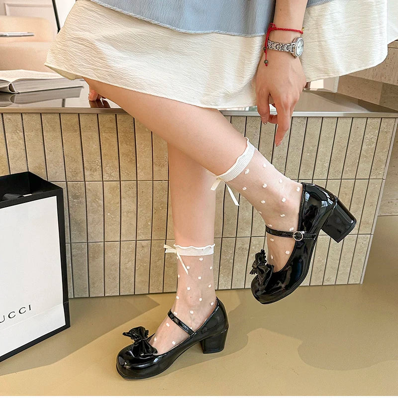 LBSFY -Cute Butterfly-knot Women Lolita Mary Jane Shoes Concise Thick Heel Leather Shoes Ladies Shallow Pumps