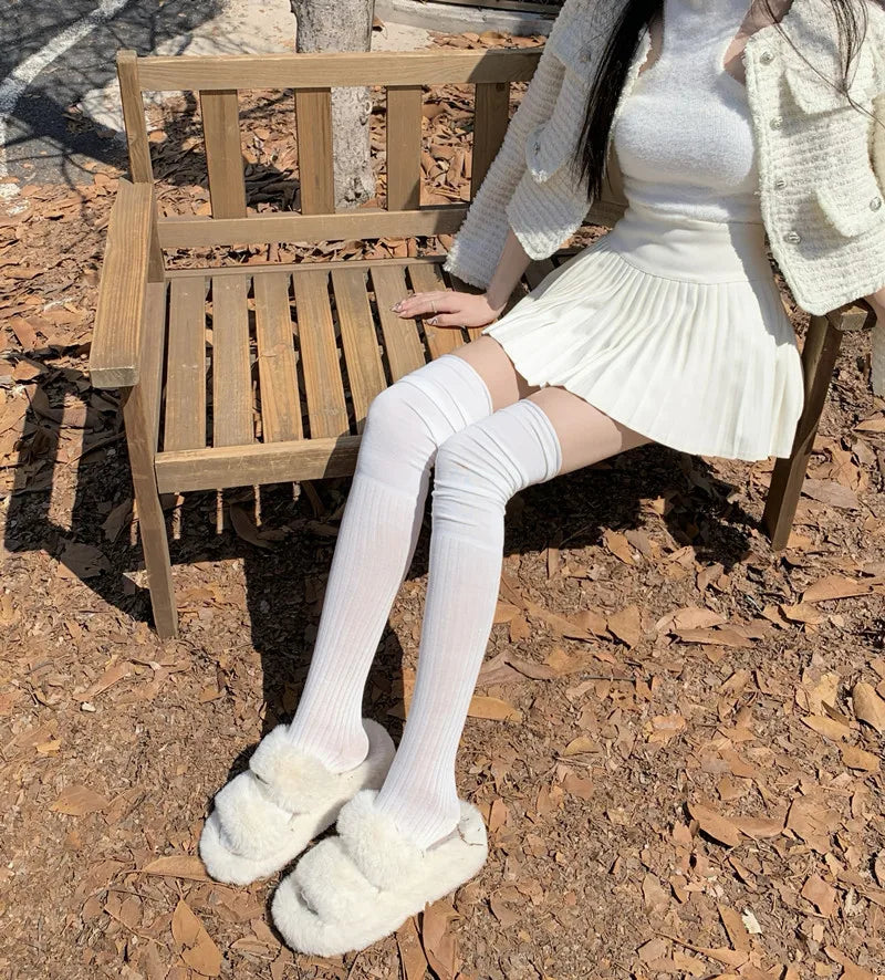 Lbsfy Socks Woman Winter Thick Solid Color Lolita Cute JK Thigh High Stockings Black White Long Socks for Women Fashion Medias