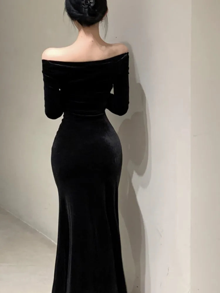 LBSFY -Women's Sexy Black Velvet Dress Elegant Chic Off Shoulder Lace Split Evening Party Dresses Autumn Female Bodycon Vestidos Mujer