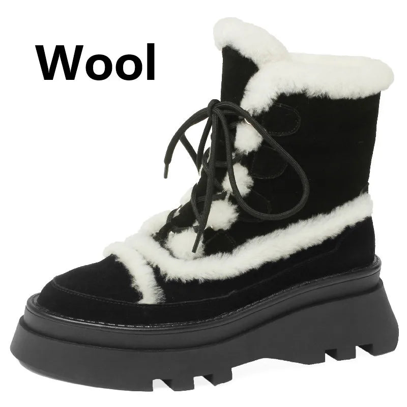 LBSFY  -  Outdoor Casual Winter Warm Women Snow Ankle Boots Platforms Cow Suede Leather Lace-Up Wool Shoes Woman Office Ladies