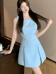 LBSFY -Elegant French Chic Spring Summer Women's Dresses Blue O-Neck Sleeveless Pleated Korean Dress Party Evening Prom Female Clothes