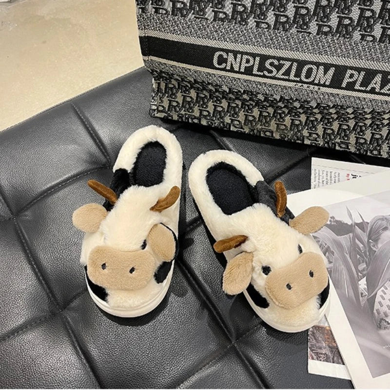 LBSFY  -  Cow plush slippers warm home slippers unisex cute cartoon cow slippers home men and women warm home cotton shoes