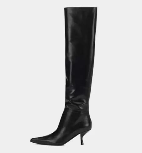 LBSFY  -  New Black White Solid Leather Strange Heels Tube Slip On Knee High Boots Women Fashion Pointed Toe Long Botas Shoes Size 45