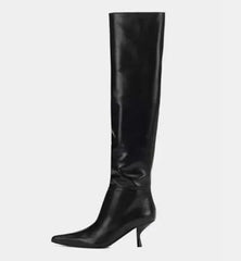 LBSFY  -  New Black White Solid Leather Strange Heels Tube Slip On Knee High Boots Women Fashion Pointed Toe Long Botas Shoes Size 45