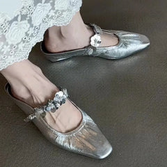 LBSFY -Bright Leather Flower Slip Slippers Summer New Square Toe Shallow Mouth Inside Heightened Pleated Wrapped Toe Sandals