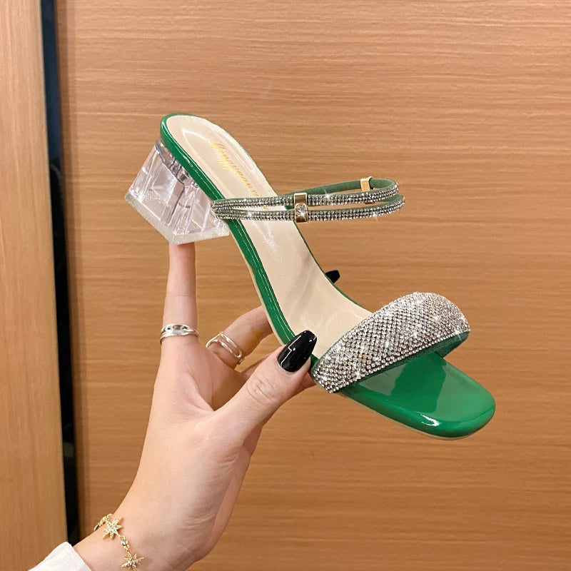 LBSFY -Shiny Gold Silver Women's Sandals Summer Crystal High Heels Party Shoes Woman Comfortable Thick Heel Slides Sandalias Mujer