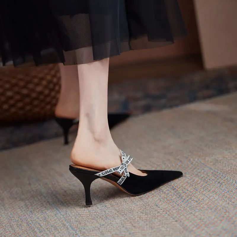 LBSFY  -  2024 New Suede Leather Women Slippers Pointed Toe Stiletto High Heels Summer Party Wedding Shoes Fashion Footwear Mules