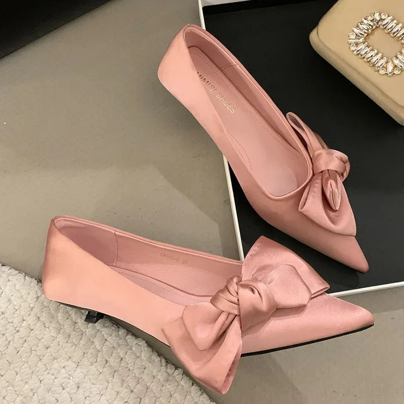 Lbsfy Elegant Low Heel Dress Shoes Ladies Pointed Toe Pumps Footwear Women Comfort Fashion Butterfly-Knot Sweet High Heels Shoes Women