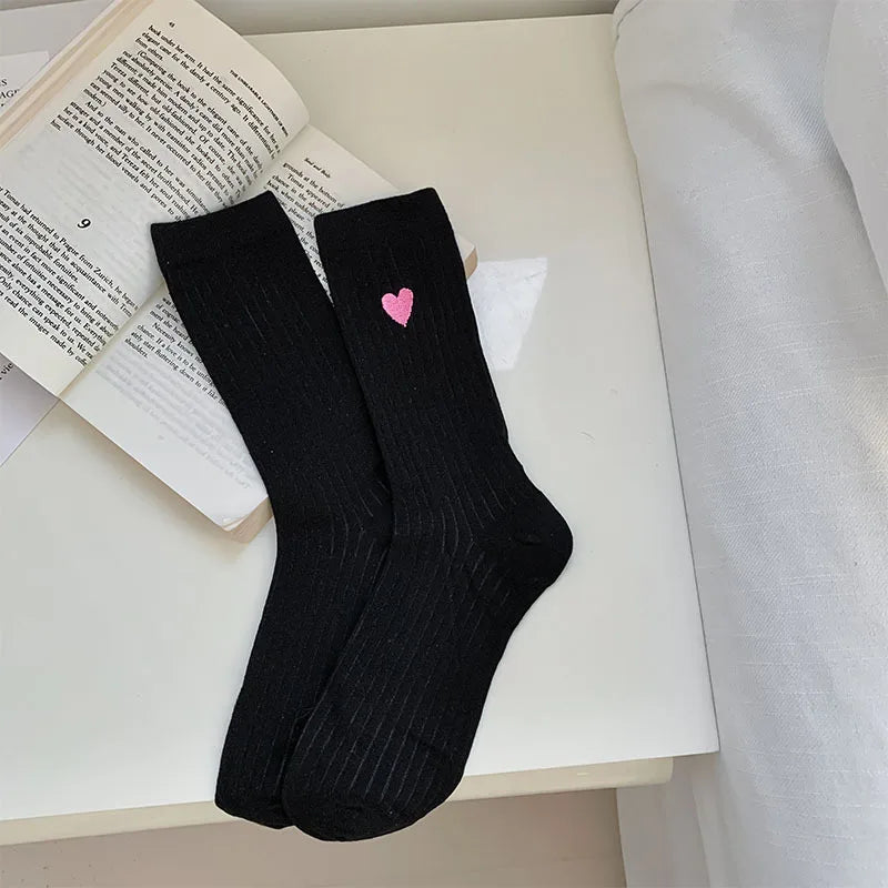 Lbsfy Women Socks Cotton Female Japanese Sweet Style Love Embroidered Mid-tube Spring Summer Thin Cute Girls Solid Color Stripe Socks