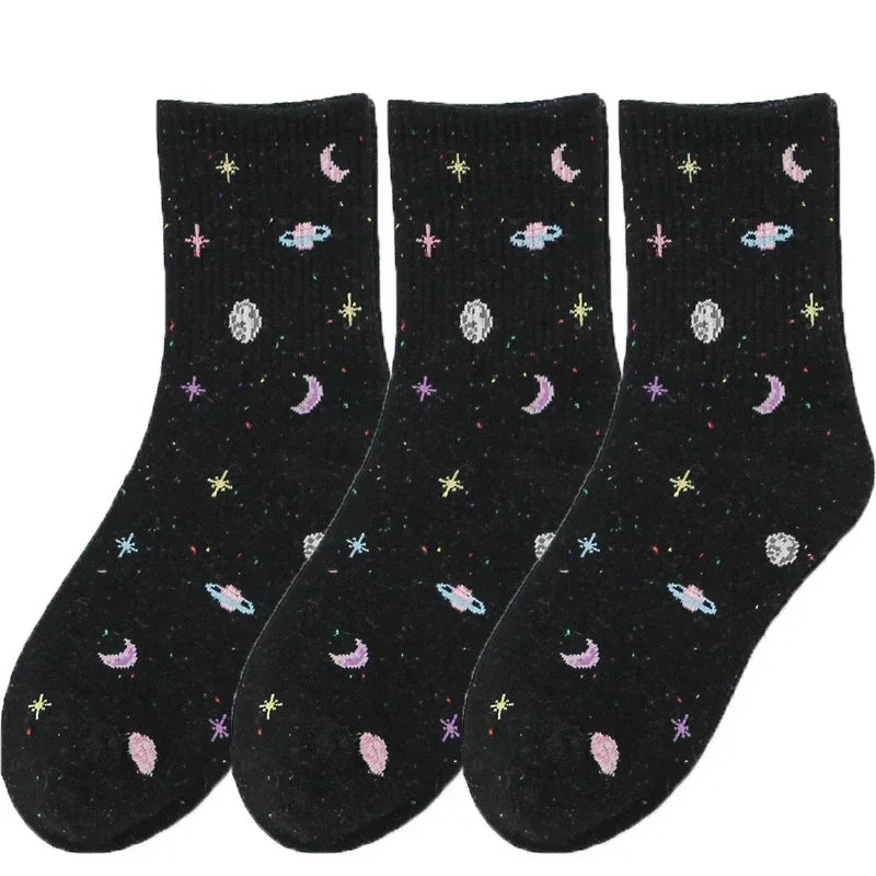 Lbsfy Funny Moon Stars Pattern Socks Women Harajuku Planet Space Tube Sock Female Colorful Sweet Warm Cute Casual Streetwear Meias