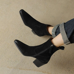 LBSFY  -   Women Cow Suede Boots High Quality Chunky Heels Western Boot Woman Retro Square Toe Zipper Shoes Winter 34-42