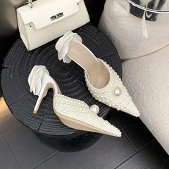 LBSFY  -  Luxury All Pearls Handmade Flowers Women Pumps Slippers Elegant Pointed toe Thin High heels Mules Fashion Wedding Bridal Shoes