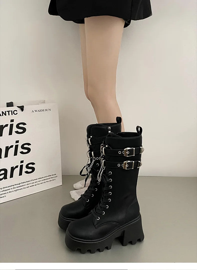 LBSFY -Women's Punk Gothic Boots 2025 Fashion Buckle Chain High Heels Mid Calf Boots Women Black Pu Leather Plus Size 42 Autumn Botas