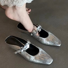 LBSFY -Bright Leather Flower Slip Slippers Summer New Square Toe Shallow Mouth Inside Heightened Pleated Wrapped Toe Sandals