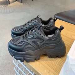 LBSFY -Women New Fashion Platform Sport Shoes Women Summer Black Casual Chunky Sneakers Women Mesh Leather Platform Shoes