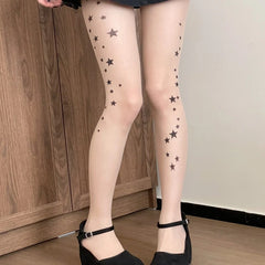 Lbsfy Women Sheer Tights with Pattern Star Printed Pantyhose Summer Spring Anti-Hook Girls Cute Gemoetric Pantyhose Female Thin Tight