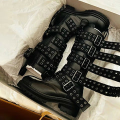 LBSFY  -  European Station Roman Style Belt Buckle Rivet Knight Boots Women's Thick Soled Motorcycle Boots Not Over The Knee Long Boots