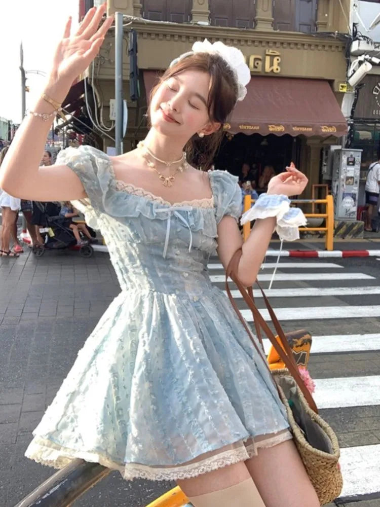 LBSFY -Y2K Sweet Korean Preppy Style Mini Dress Lace Puff Sleeves Square-Collar A-Line Slim Waist Woman Dresses French Elegant New