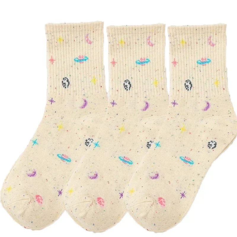 Lbsfy Funny Moon Stars Pattern Socks Women Harajuku Planet Space Tube Sock Female Colorful Sweet Warm Cute Casual Streetwear Meias