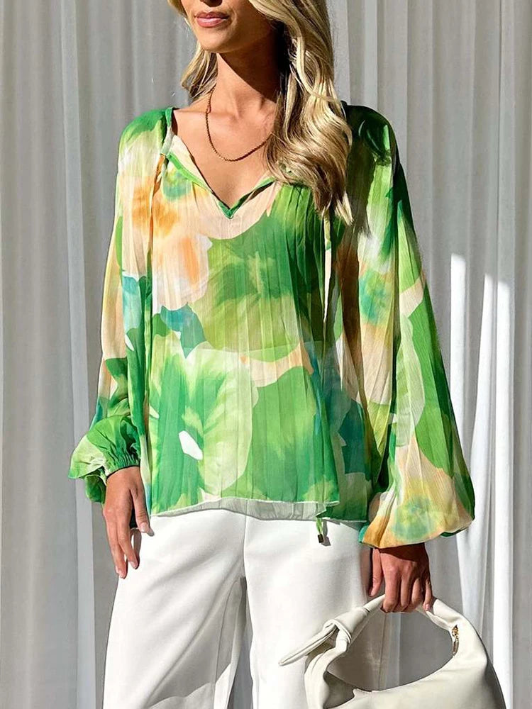 LBSFY  -   Print Blouse Women Pullover Long Sleeve Lace-up Loose Casual Vacation Shirts Blouse Tie-Dye Print