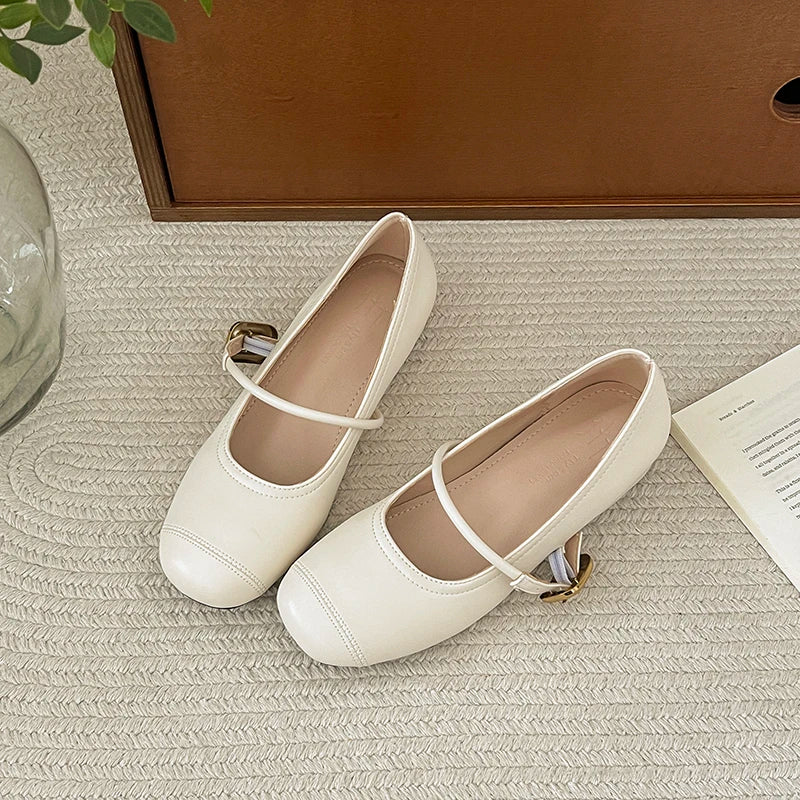 LBSFY -Fashion Buckle Strap Flat Women Mary Jane Shoes Casual Leather Internal Elevation Ballets Style Shoes