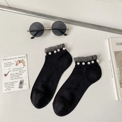 Lbsfy 5 Pair/Lot Mesh Breathable Fashion Lace Socks Women Kawaii Pearl Decoration Short Socks Female Spring Summer New Sokken Femme