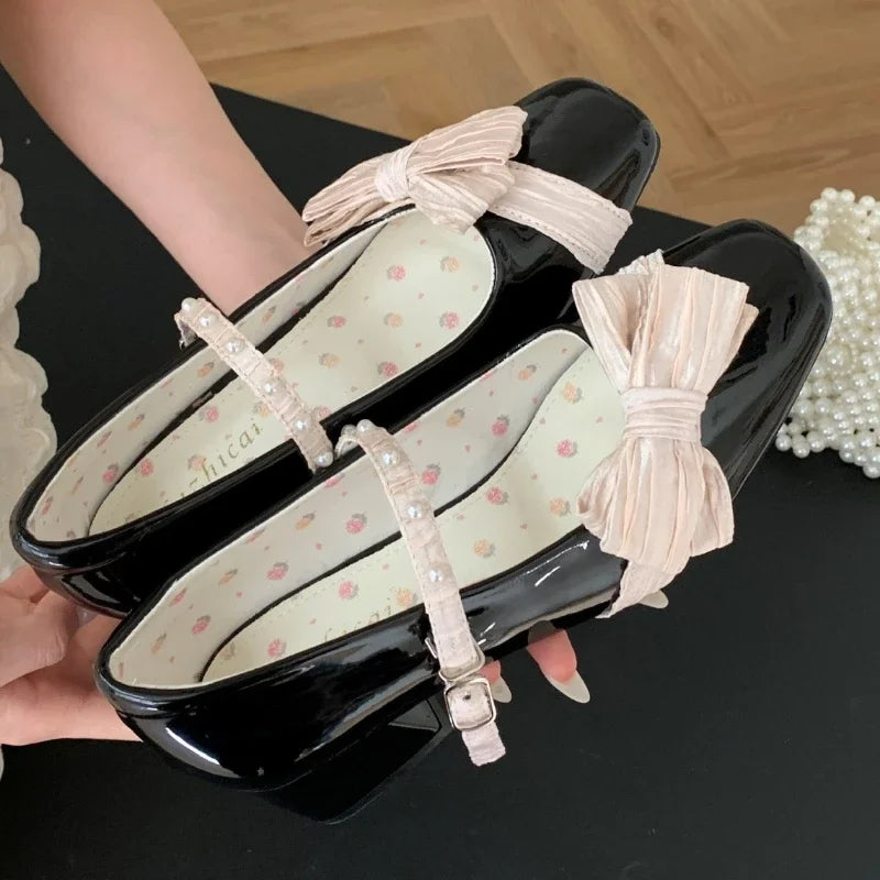 Lbsfy Butterfly-knot Sweet Mary Jane Shoes Women Elegant Chunky Dress Shoes Shallow Designer Pumps Buckle Square Toe High Heels Ladies