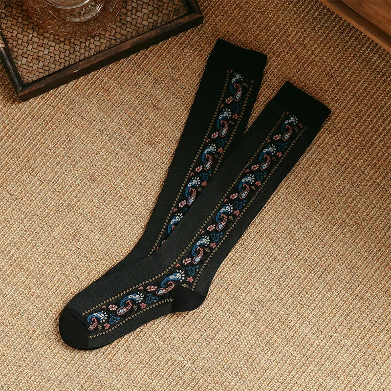 Lbsfy Japanese Kawaii Long Socks Stockings Women Ethnic Style Knee Socks Floral Embroidery Harajuku Vinage Girls Cute Socks Stockings
