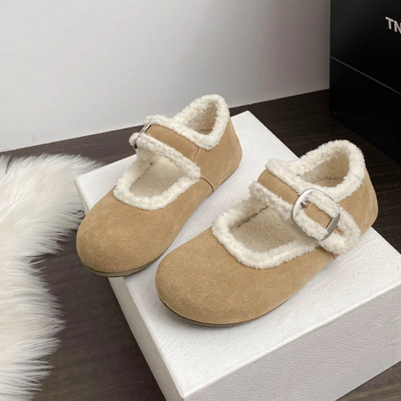 LBSFY  -  Designer Winter Mary Jane Cotton Shoes Women Belt Buckle Fashion Warm Fur Flats Shoes Femme Comfort Soft Sole Ballerina Shoes