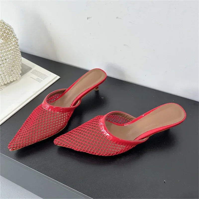 LBSFY -Summer Fashion Hollow Out Mesh Women Slippers Sandals Pointed Toe Thin Low Heels Slingback Mules Shoes Zapatos De Mujer