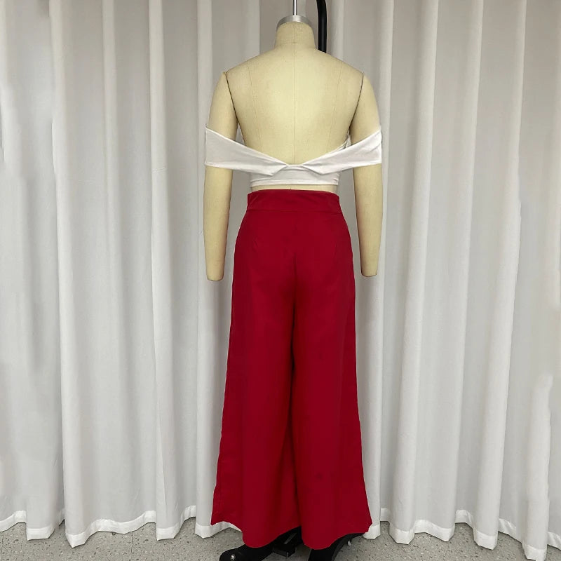 LBSFY  -  Women Two Piece Set Summer Fashion Strapless V Neck Short Sleeve Backless White Top Loose Pants Sets High Streetwear
