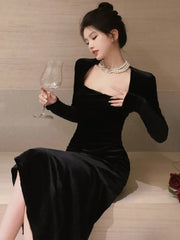 LBSFY -Elegant Solid Velvet Mermaid Dress for Women Vintage Chic Square Collar Bodycon Evening Party Dresses Female Slim Vestidos Mujer