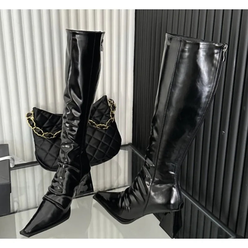 LBSFY -New Stretch Soft Leather Women Over the Knee High Boots Fashion Pointed Toe Shoes Autumn Winter Thick Heel Ladies Long Booties