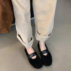 LBSFY -New Women Ballet Laofer Flat Shoes Fashion Shallow Slip on Ladies Fur Mary Jane Shoes Soft Outdoor Granny Shoes Zapatos Mujer