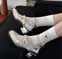 LBSFY -Ladies' Elegant  2025 Spring Style Women's Fashion One Line Buckle with Shallow Mouth Silver Mary Jane Single Shoes Square Heels