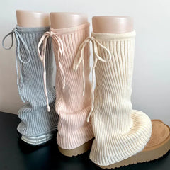 Lbsfy Sweet Ballet Strappy Wide Leg Socks Knitted Strappy Stockings Winter Warm Jk Leggings Y2K Bow Pile Socks Korea Women Calf Socks