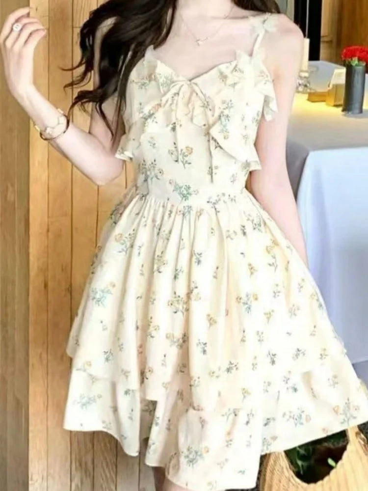 LBSFY -Elegant French Floral Mini Women's Dress V-Neck Ruffles Print Spaghetti Strap Dresses Summer Holiday Beach Festival Clothes