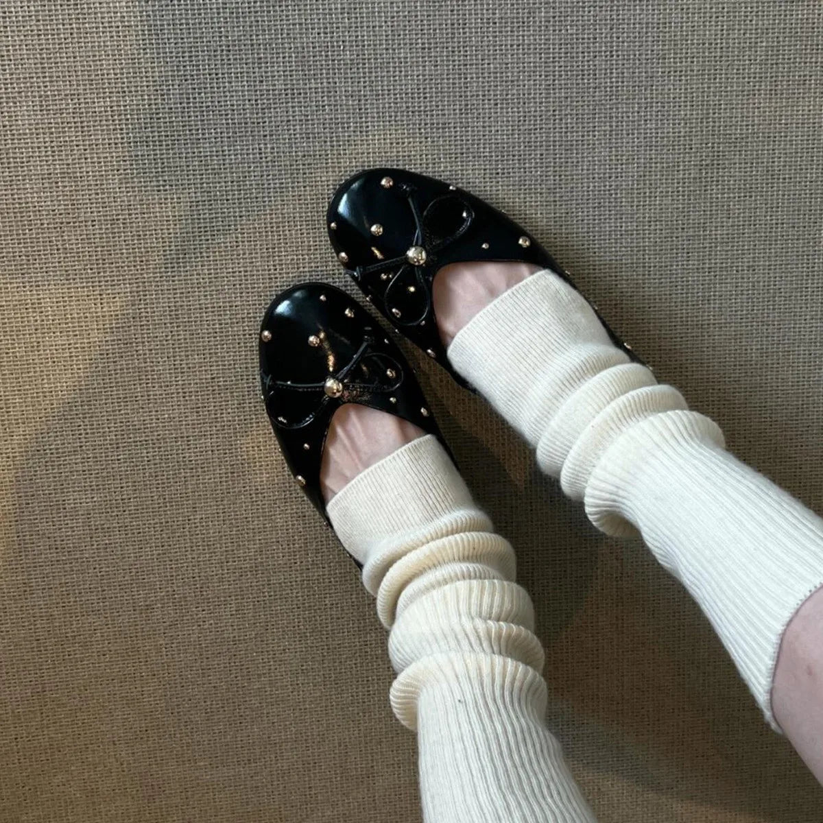 LBSFY -New Women Flat Shoes Autumn Round Toe Shallow Mouth Patent Leather Butterfly Knot Rivet Casual Shoes Soft Sole Single Shoes