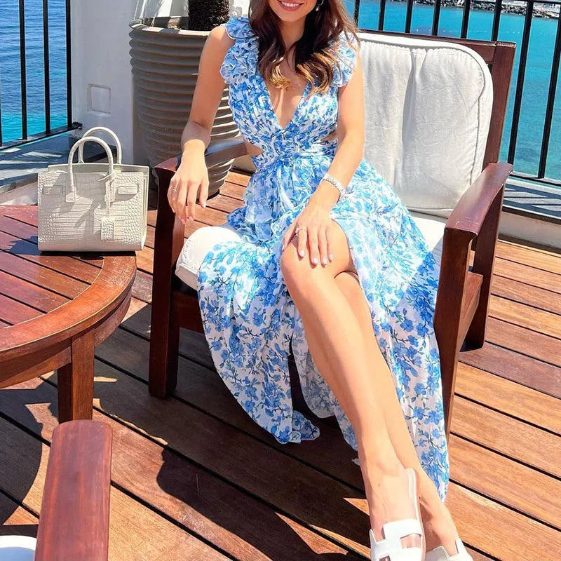 LBSFY  -  Chic Spring Floral Print Ruffle Boho Long Dress Women Sexy Deep V Neck Hollow Party Dress New Summer Sleeveless Split Maxi Dress