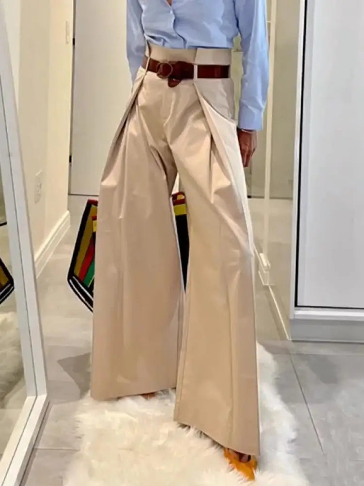LBSFY  -  Solid Color Cotton Blended Pants for Urban Female High Waist Folded Wide Leg Trousers Women's Loose Fit Casual Pants