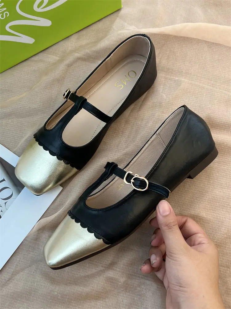 LBSFY  -  T-strap Mary Janes Shoes for Women Pu Leather Ptachwork Elegant Flats Shoes Spring Autumn Square Toe Loafers Female Shoes 2024