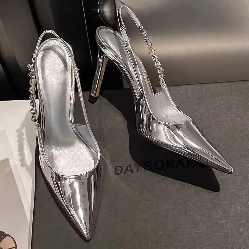 LBSFY -New Women's Shiny High Heels Slingback Women Pumps Metallic Crystal Sandals Pointy Toe Stiletto Heeled Shoes Party Dress Shoes