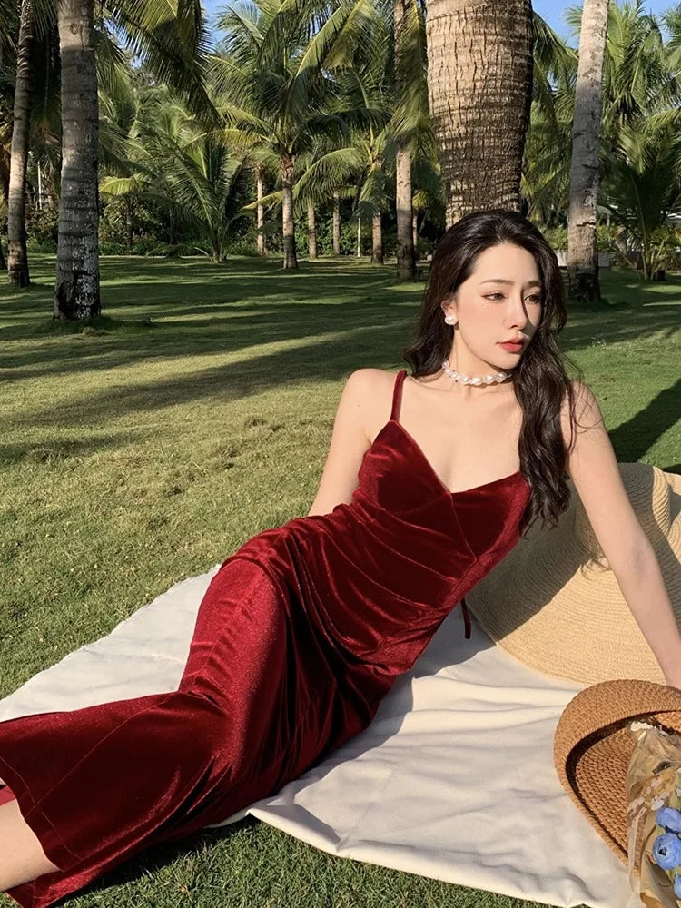 LBSFY -Summer Vintage Sexy Club Prom Red V-neck Dresses Women Spaghetti Strap Slit Long Dress Beach Midi Elegant Dress Party Robe